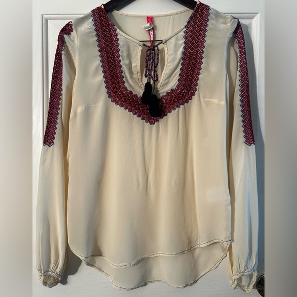 PLENTY by TRACY REESE XS Ivory Boho Blouse Tassel Tie Red Blue Black Embroidery - Picture 1 of 12
